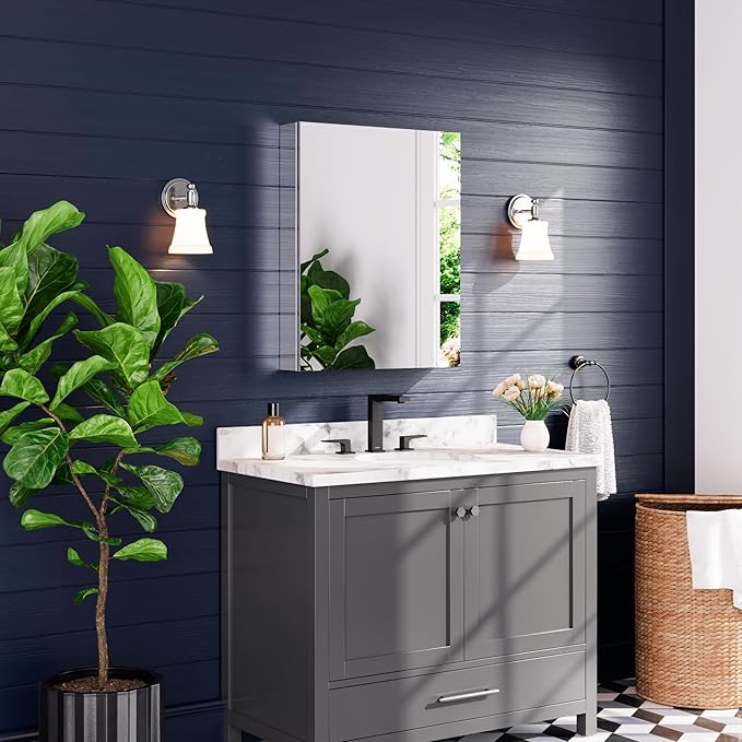 Medicine Cabinet 24" x 30", Bathroom Medicine Cabinet with Mirror, Recessed Medicine Cabinets with Adjustable Shelves, Soft-Closing Door, and Aluminum Alloy Frame - Reverse Installation, Silver