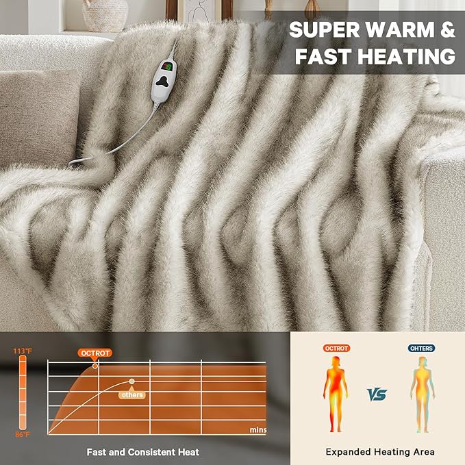 Heated Electric Blanket Throw,Octrot 50"X60" Faux Fur Heating Blanket Luxury Christmas Gifts Heavy Plush with 10 Heats Levels & 8 Hours Auto Off,Super Cozy Warm Fuzzy,Fluffy Decor Winter Warming,Beige