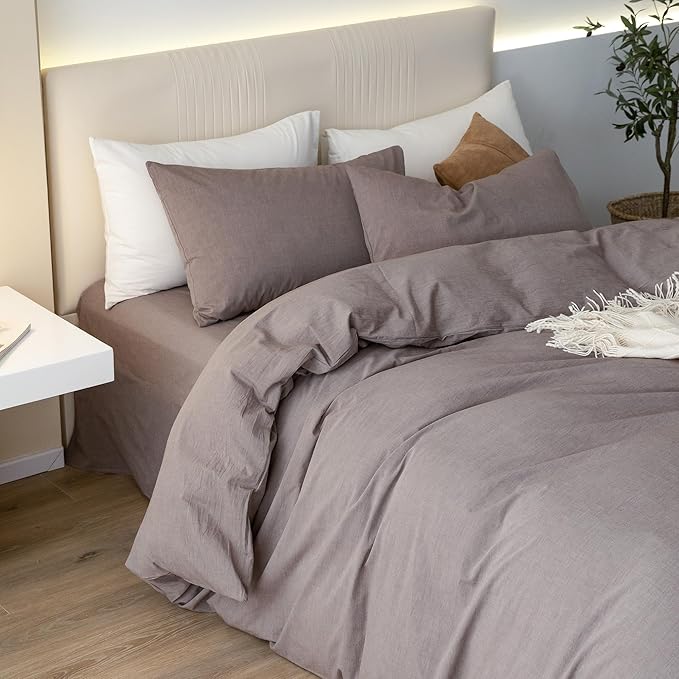 JIYUAN 100% Washed Cotton Duvet Cover Set 3 Pieces Oversized King, 1 Duvet Cover 120x98 Inches(Comforter Not Included) and 2 Pillowcases,Linen Like Comfy and Breathable, Heathered Mauve Brown