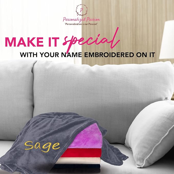 Personalized Blankets for Adults - Custom Blanket with Embroidered Name or Monogram - Soft Fleece Throw Cover for Bed & Couch - Grey (40"x60")