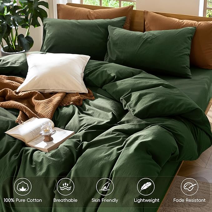 MooMee Bedding Duvet Cover Set 100% Washed Cotton Linen Like Textured Breathable Durable Soft Comfy (Solid Forest Green, Super King Plus 120"x120")