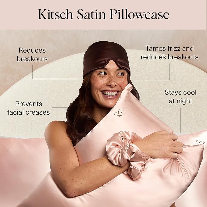 Kitsch Night time Renewal 3PC Sleep Set - Satin Pillowcase with Zipper for Hair & Skin - Softer Than Silk, Queen/Standard Size with Satin Pillow Scrunchie No-Damage Hair Tie and Satin Pillow Eye Mask