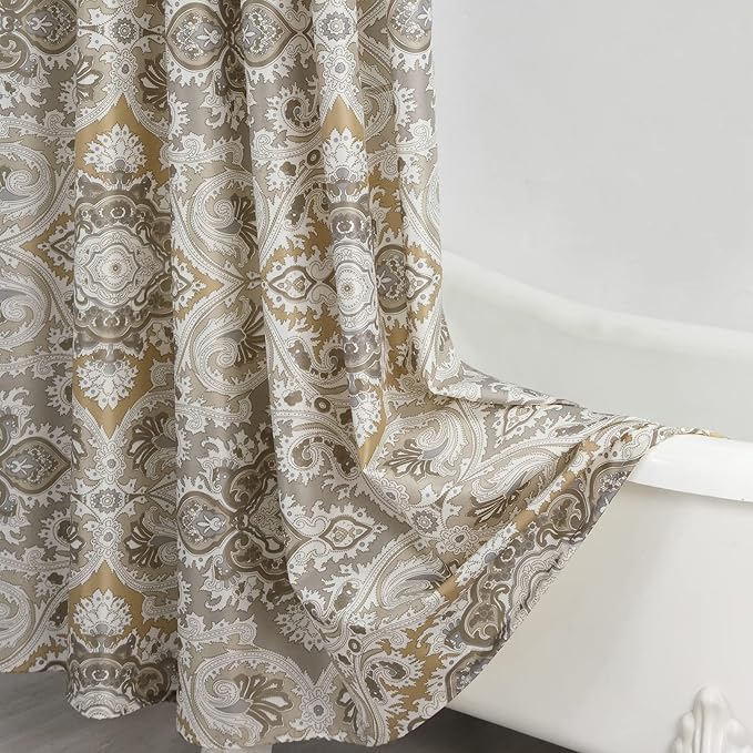 Extra Long Fabric Shower Curtain, 72 x 96 Inches Beige and Grey Boho Paisley Damask Pattern Shower Curtains for Bathroom, Waterproof Bathroom Curtains, 72" W x 96" H