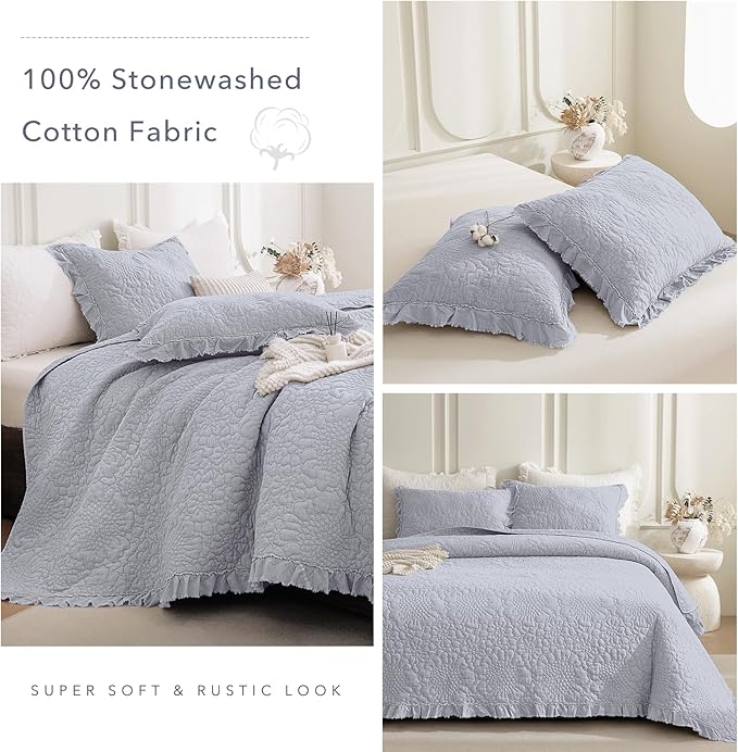 QSH Cornflower Blue Stonewashed Cotton Oversized King Quilt Bedspread Set(128"x120"),3PCs Farmhouse Ruffle Bedspread California King,Ultra Soft Lightweight Crinkle Quilt Coverlet with Pillow Shams