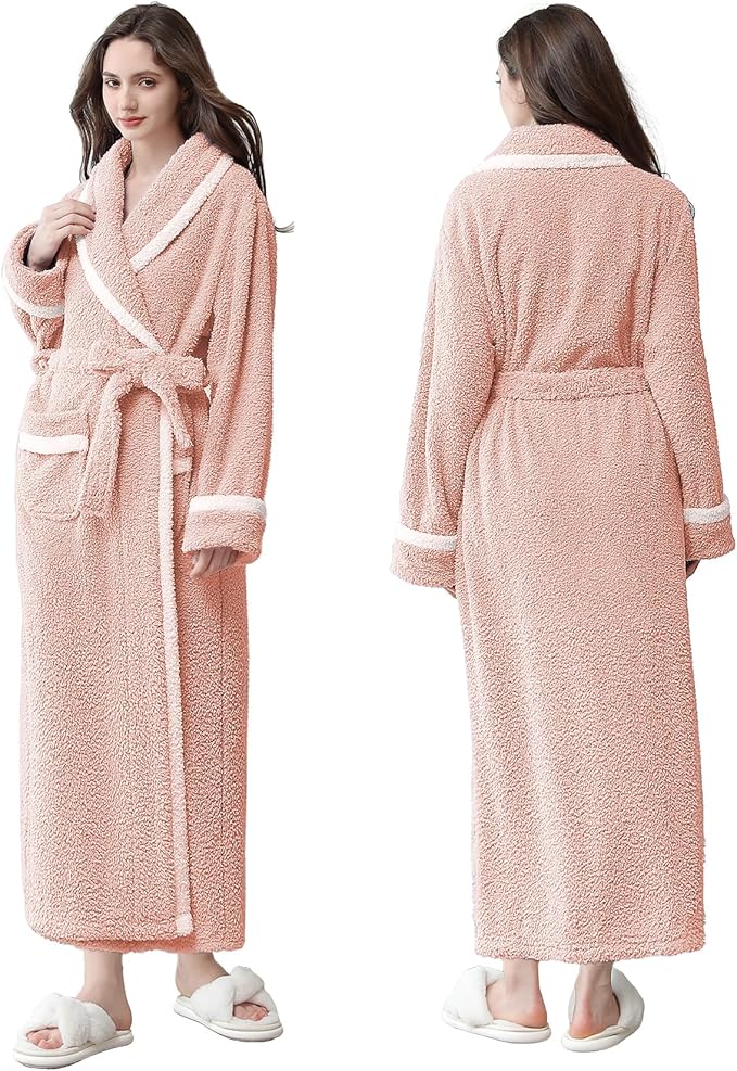 Oksun Womens Long Fleece Robe: Soft Fluffy Warm Bathrobe - Cozy Winter Housecoat Nigthgown with Chic Piping