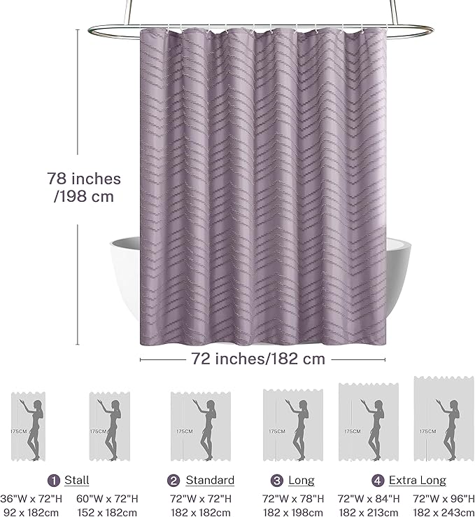 Extra Long Boho Shower Curtain Purple Woven Fabric 78 in Shower Curtain, Tufted Chevron Striped, 72 x 78, Modern Chic Textured Minimalist Cute Shower Curtain for Bathroom