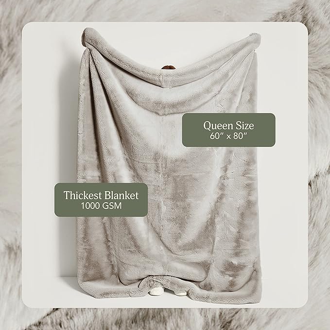UnHide Marshmallow - Faux Fur Blanket - Heavy Weight, Extra Soft Blanket - Made from Recycled Materials - Machine Washable - Medium (60" x 80") - Greige