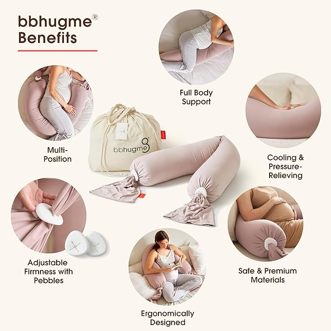 bbhugme Adjustable Pregnancy Pillow with Dusty Pink Cover & Extra Stone Cover - Full Body Support for Pregnant Women