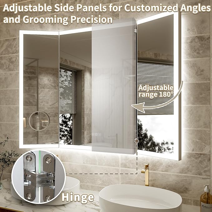 60x36 Trifold Bathroom Mirror with Lights with Removable Magnifier, 180° Foldable LED Mirror for Bathroom, Front&Backlit, Wall Mounted, Stepless Dimming, Color Temper Change, Anti Fog