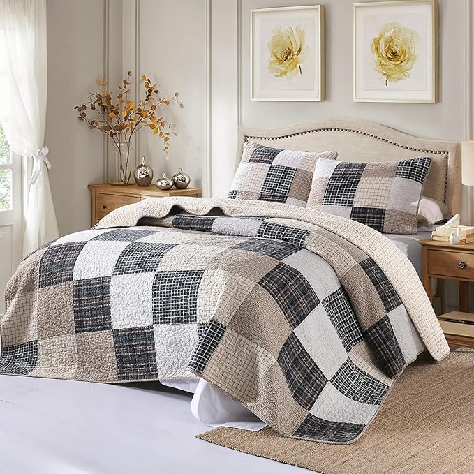 Y-PLWOMEN Quilts Queen Size, 100% Cotton Queen Quilt Set, Brown Khaki Black White Patchwork Plaid Queen Size Bedspread, Lightweight Reversible Soft Summer Quilt Bedding Set, 3-Pieces