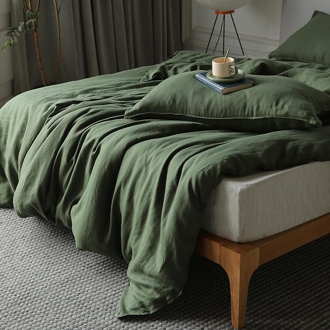 XZ XIFA Green Linen Duvet Cover King, 100% Washed French Flax Linen Bedding with Zipper Closure, Cooling for Hot Sleepers, Textured Bed Sets - 1 Duvet Cover and 2 Pillowcases.