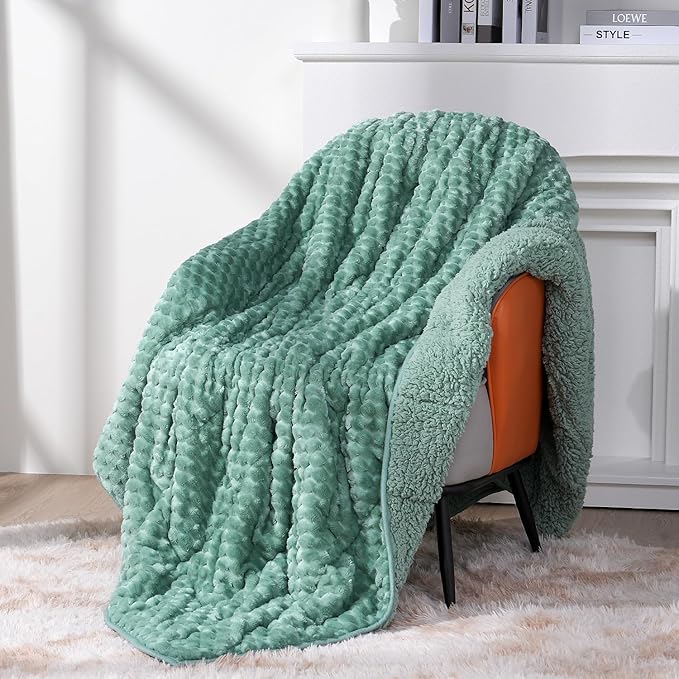 Topblan Weighted Blanket for Adults (60" x 80" 15lbs, Sage Green), Soft Sherpa Queen Size Heavy Blanket, 3D Jacquard Flannel Fleece Weighted Blankets for Couch and Bed