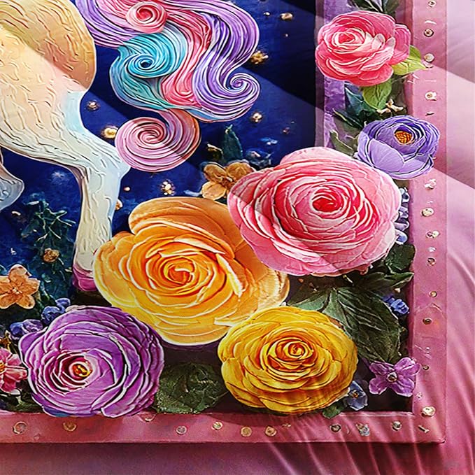 Pink Purple Rainbow Unicorn Flower Comforter Set Twin for Kids Girls，Girls Unicorn and Rainbows Bedding Sets Twin，with 1 Comforter with 2 Pillow Case，Unicorn Bedroom Decor and Bedding Set