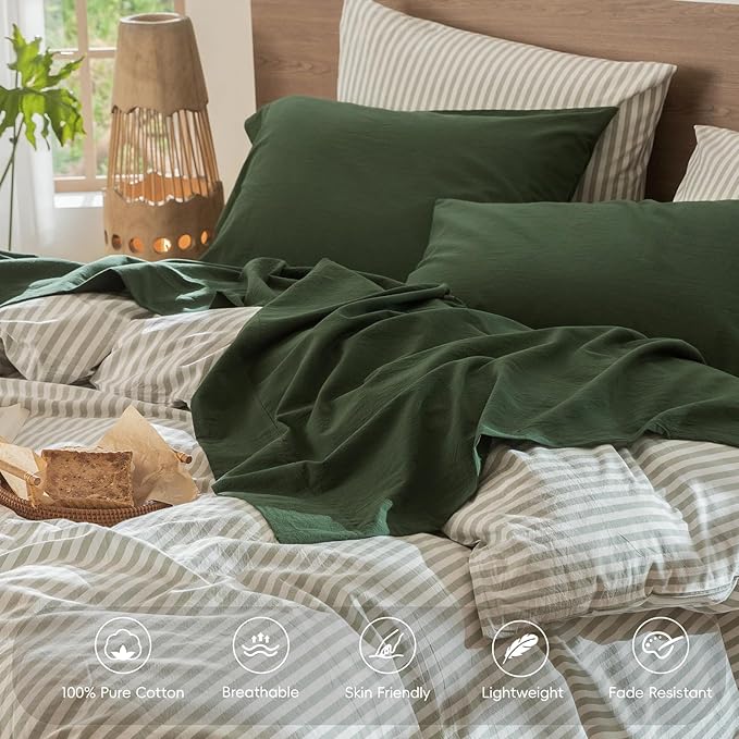 MooMee Bedding Sheet Set 100% Washed Cotton Linen Like Textured Breathable Durable Soft Comfy (Solid Forest Green, King)