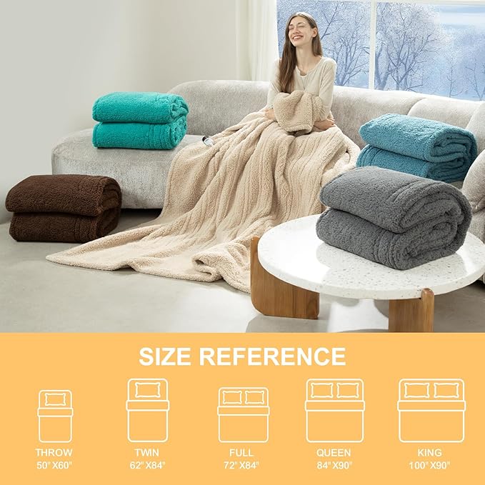 Electric Blanket Queen Size Single Control - 84"X90" Soft Double Sided Sherpa Heated Blanket with 6 Fast Heating Levels & 10 hrs Timer Settings, Washable & ETL Certified for Bed, Beige