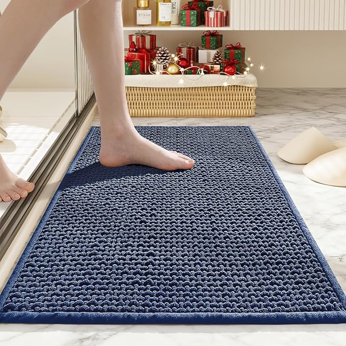 Bathroom Rugs Non Slip Washable, Super Absorbent Thin Bath Mat for Small Quick Dry Low Pile Bathroom Rug, (Navy Blue, 24″x16″)