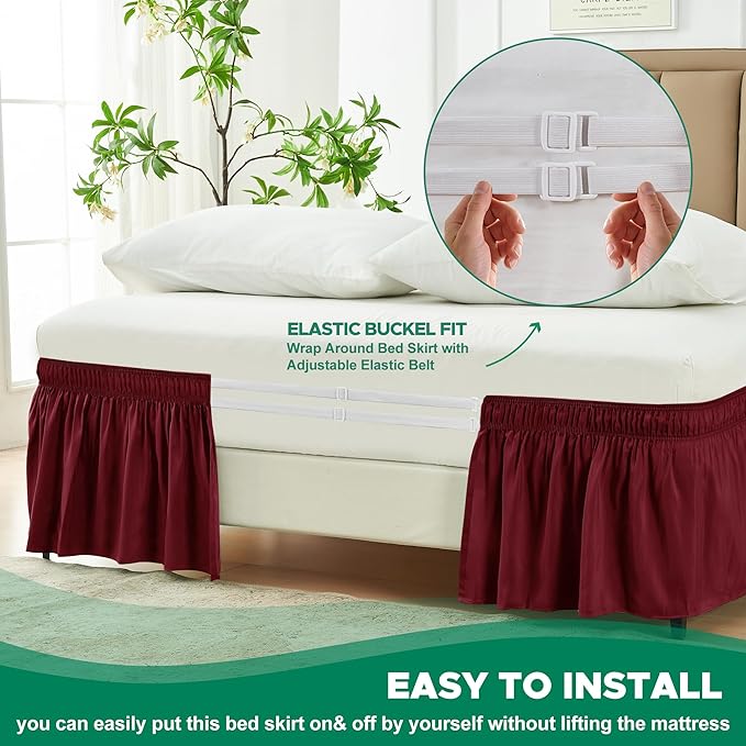 Biscaynebay Wrap Around Bed Skirts for Queen Beds 14" Drop, Burgundy Adjustable Elastic Dust Ruffles Easy Fit Wrinkle & Fade Resistant Silky Luxurious Fabric Solid Machine Washable
