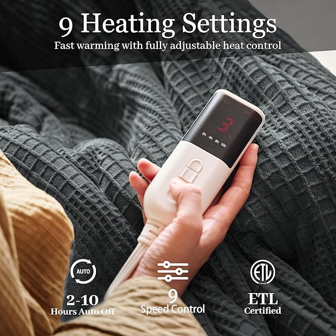 Electric Blanket Full Size 72''X84'' - Heated Blanket with Single Control Fast Heating 9 Heating Levels & 10 Hours Auto Off,ETL Certified Machine Washable (Black)