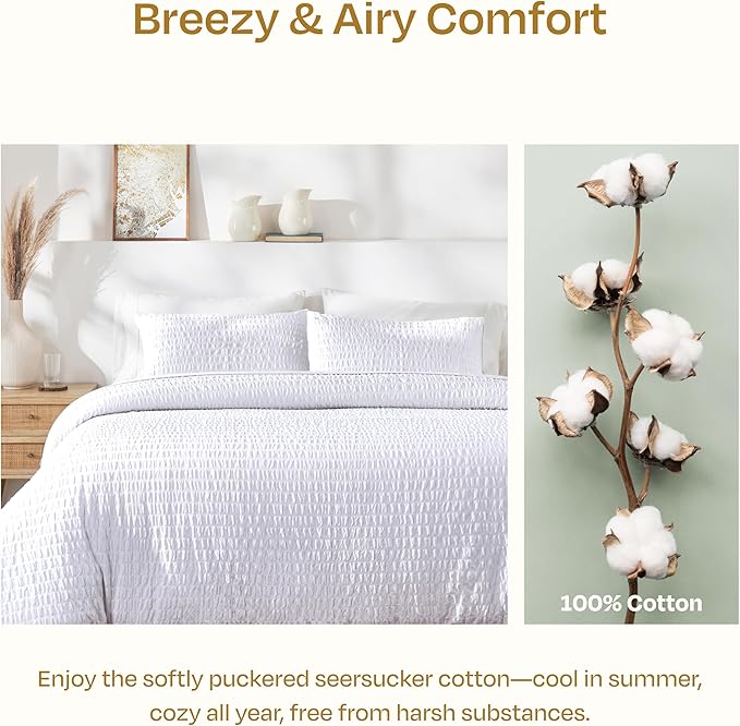 California Design Den Queen Size Duvet Cover Set, 100% Cotton 3 Pc Cover & Sham Set, Soft Textured White Seersucker Duvet Cover 92" x 90" to Fit Queen Size Duvet (Seersucker, Queen)