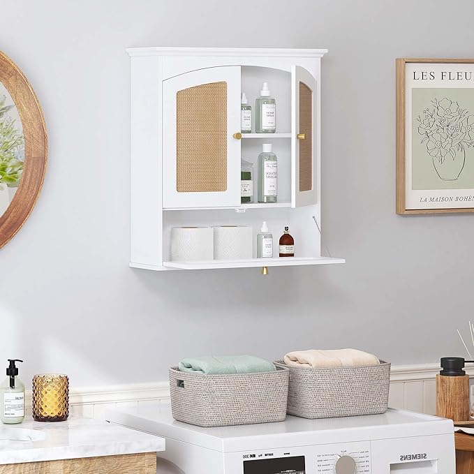 Spirich Bathroom Cabinet Wall Mount, Medicine Cabinet for Bathroom, Over The Toilet Storage Cabinet with Rattan Doors and Tilt-Out Cube