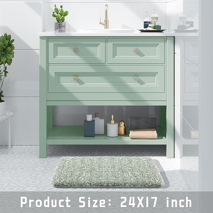 Yimobra Bathroom Rugs for Home Essentials, Non Slip Washable Bath Mat, Soft Water Absorbent Plush Shower Rug for Bathroom Floor, Bath Decor Accessories, 24x17, Light Green White