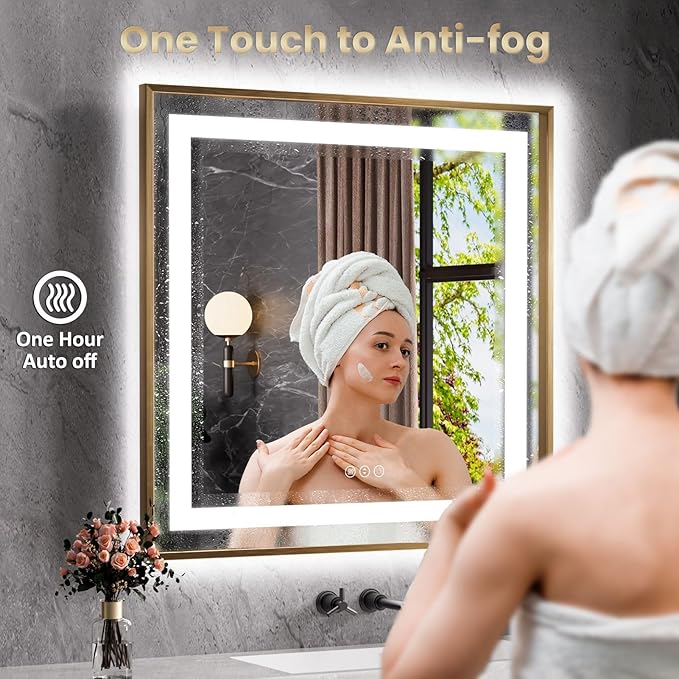 Amorho 44"X36" LED Bathroom Mirror, Golden Metal Framed Mirror with Front Light and Backlit, Stepless Dimmable, Anti-Fog, Shatter-Proof, Memory, 3 Colors