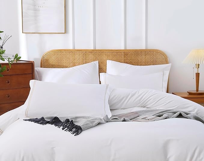 100% Cotton Duvet Cover Set Soft Comfortable with Embroidery Design 3 Pcs Sateen Weave Home Bedding Set (White&Gold, Queen)