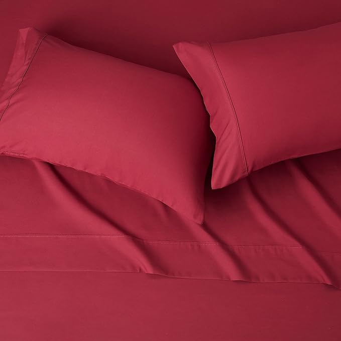Amazon Basics Lightweight, Breathable Super Soft Easy Care Microfiber 4 Piece Bed Sheet Set with 14-Inch Deep Pockets, Full, Burgundy, Solid