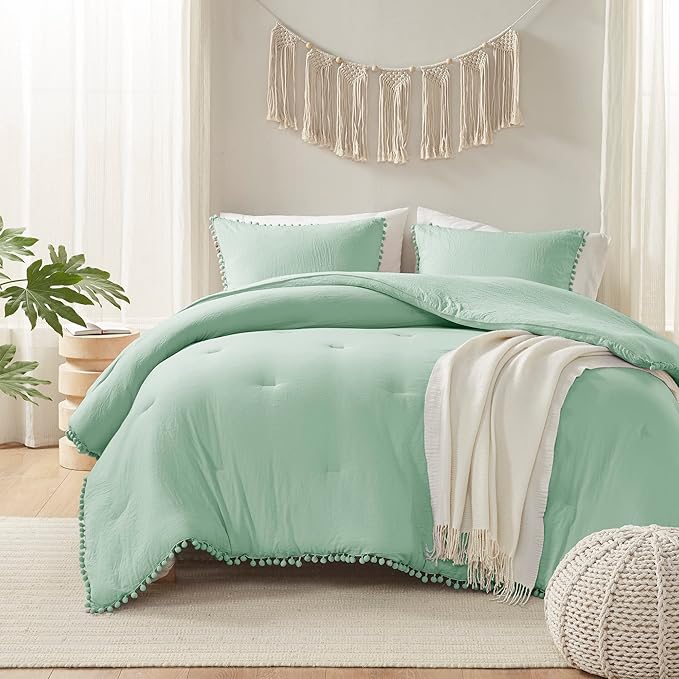Codi Sage Green Boho Twin Comforter Set, Aesthetic Luxurious Pom Fringe Design Bedding, Cute Soft Washed Microfiber Bed Sets, Lightweight Chic,1 Comforter & 1 Pillowcase