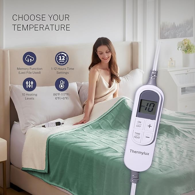 Electric Blanket Throw 50"x60" Heated Electric Blankets 10 Heating Levels 12 Time Settings 3 Hours Auto Off Fast Heating and Overheat Protection ETL Certified Machine Washable,Green