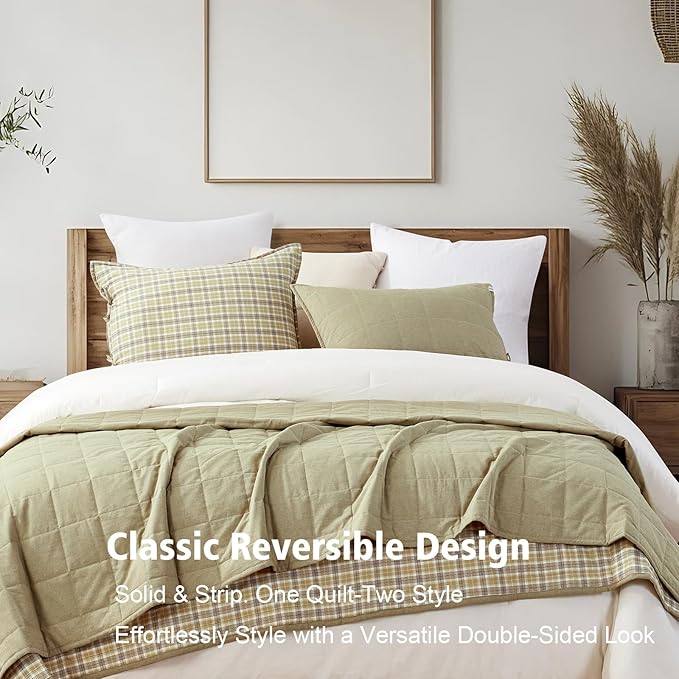 Moss Green Bedspreads Queen Size， Cotton Quilt 3-Pieces Bed Set Queen Size with Green Checked Stone Washed Bedding Coverlet with 2 Pillow Shams