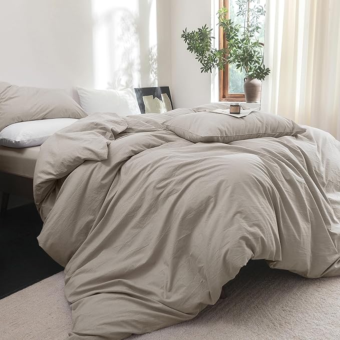 FOSSA Duvet Cover Set 100% Washed Cotton Linen Feel Super Soft Breathable Cozy Simple Style 3 Pieces Bedding Sets Solid Cream Grey Oversized King Plus