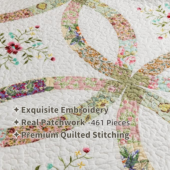 meadow park Cotton Real Patchwork Embroidery Quilt Set 3-Piece. 100% Washed Cotton. 461 Hand Cut Patches. Embroidery and Allover Quilting. Reversible Coverlet Set. (King)