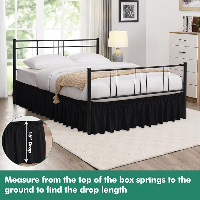 Biscaynebay Wrap Around Bed Skirts with Split Corners for Full Beds 16" Drop, Black Elastic Dust Ruffles Adjustable Easy Fit Wrinkle & Fade Resistant Silky Luxurious Fabric Machine Washable
