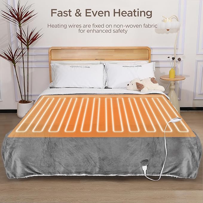Electric Heated Blanket Throw 50"x60" - Soft Cozy Flannel & Sherpa Fabric Dual-Sided, 9 Heat Settings & 2-10 Hours Auto Off, Warming Heated Throw for Home Office, Machine Washable, Light Gray