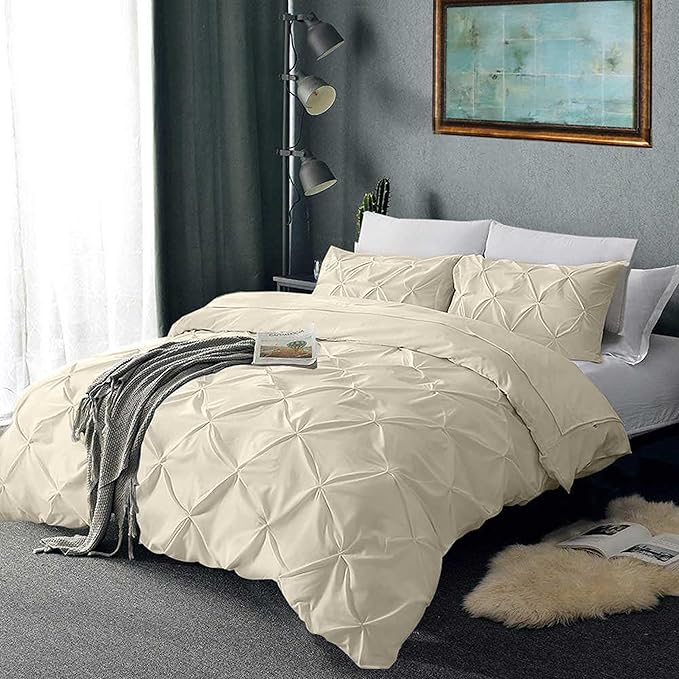 Pinch Pleated Duvet Cover Set 100% Brushed Microfiber 3PC Full Size 80x90 Duvet Cover Set, Decorative Pinch Design Ivory Duvet Cover with Matching Pillow Case