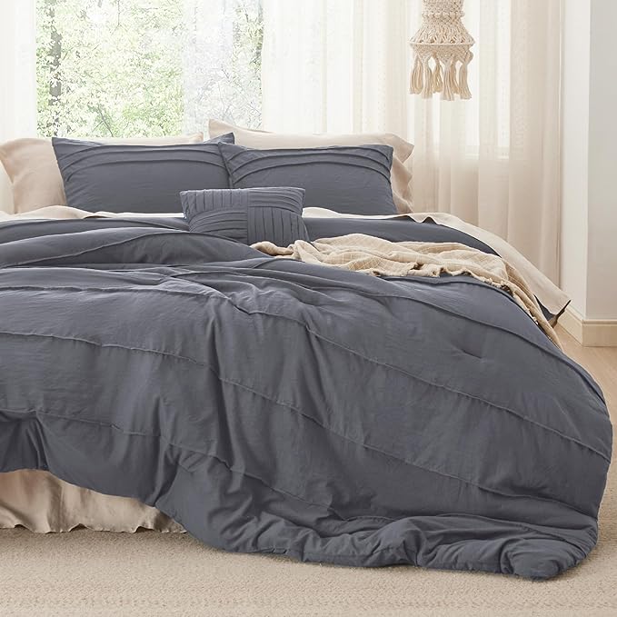 Bedsure California King Comforter Set - 4 Pieces Pinch Pleat Bed Set, Dark Grey Boho Bedding for All Season, 1 Soft Comforter, 2 Pillowcases, 1 Decorative Pillow
