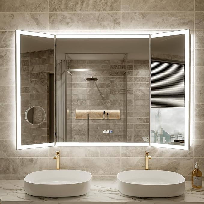 54x36 Trifold Bathroom Mirror with Lights with Removable Magnifier, 180° Foldable LED Mirror for Bathroom, Front&Backlit, Wall Mounted, Stepless Dimming, Color Temper Change, Anti Fog