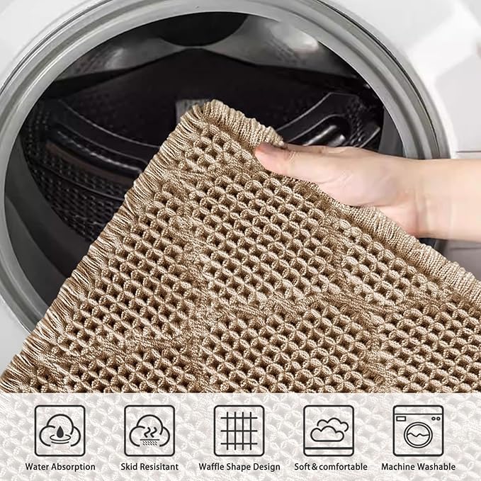 ZALL Tan Waffle Bath Mat,Super Absorbent Non Slip Bathroom Rug,Brown 24X72 inch, Geometric Diamond Machine Washable Ultra Soft Floor Mats