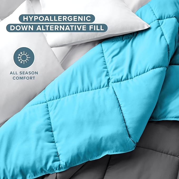 Bare Home Queen Comforter - Reversible Colors - Goose Down Alternative - Ultra-Soft - Premium 1800 Series - All Season Warmth - Bedding Comforter (Queen, Grey/Aqua)