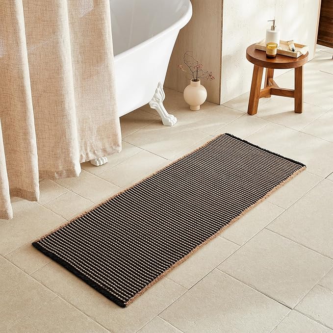 Waffle Runner Rug Bathroom, Long Boho Bathroom Rugs Non Slip Washable Super Absorbent Quick Dry Farmhouse Bath Decor, 60"x24" Khaki and Black