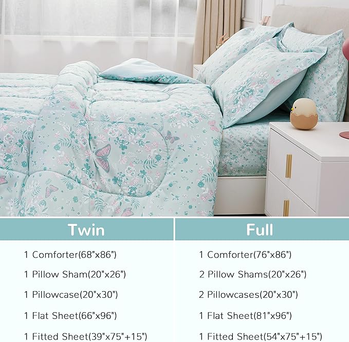Viviland Kids Twin Bedding Sets for Girls, Soft Twin Comforter Set with Sheets, 5 Pieces Microfiber Bed in a Bag, Green Butterfly