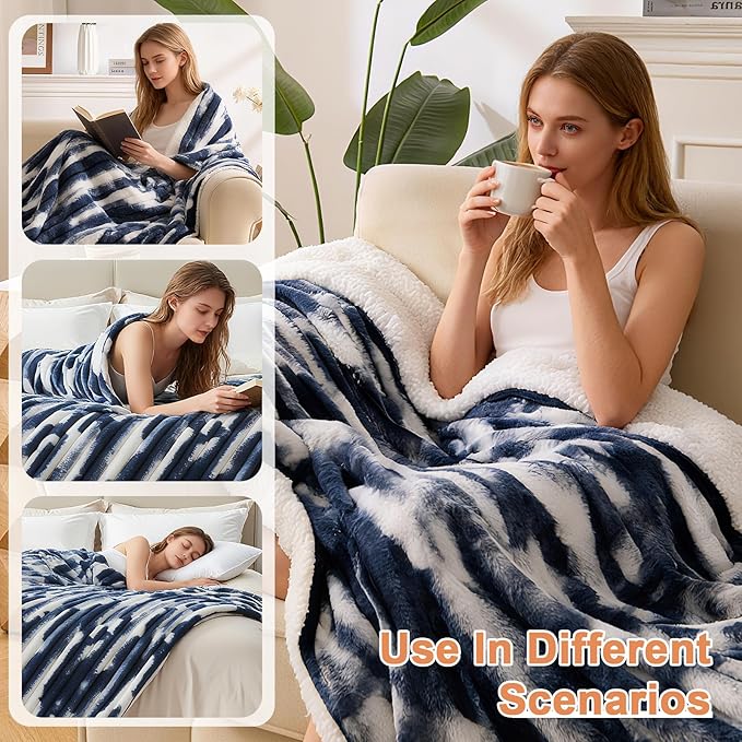 Heated Blanket Queen - 84"x90" Dual Control Bed Electric Blankets with 6 Heating Levels & 10 Hours Auto Off, Soft Ribbed Faux Fur Sherpa, Over-Heated Protection ETL, Navy Blue