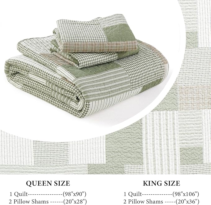 Uniclinens Plaid Quilt Set Queen Size, Patchwork Light Green Quilt Bedding Set, 100% Cotton Bedspreads, Farmhouse Rustic Lightweight Comforter, 3 Pieces Set with 2 Pillowshams, Green/Brown/Beige