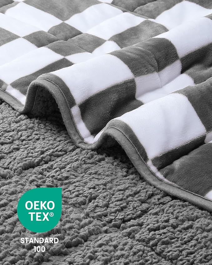Sherpa Weighted Blanket for Adults Queen Size 15 lbs, Dual Sided Heavy Blankets with Checkerboard Pattern, Ultra Soft Cozy Throw Blanket for Calming and Sleep, Plaid Grey, 48" x 72"