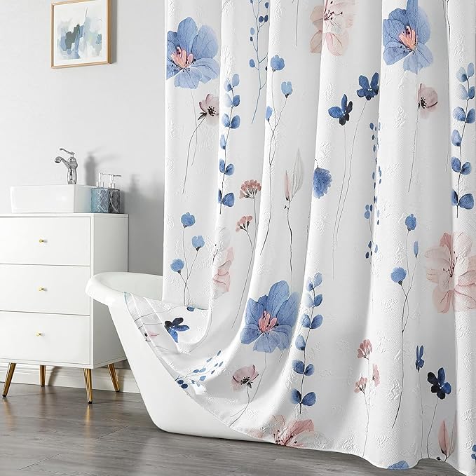 QIYI Small Stall Half Watercolor Floral Shower Curtain, 3D Embossed Butterflies Blue Flower Cloth Bathroom Curtain, Waterproof Fabric White Shower Curtain Set with Hooks
