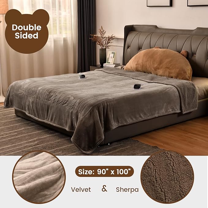 Bearhug Electric Blanket King Size 100" x 90", Dual Controller Heated Blanket, Velvet & Sherpa, 10-Heat Levels & 1-12H Auto Off, Over-Heat Protect, ETL, Machine Washable