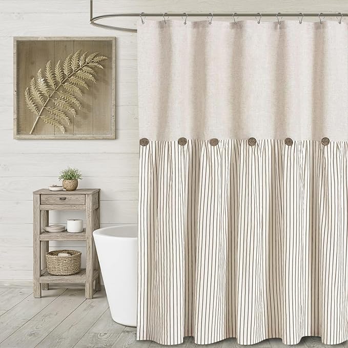 Farmhouse Shower Curtain Linen Beige Button Woven Fabric Country Rustic Western, Pleated Beige Stripe 60" W x 72" L