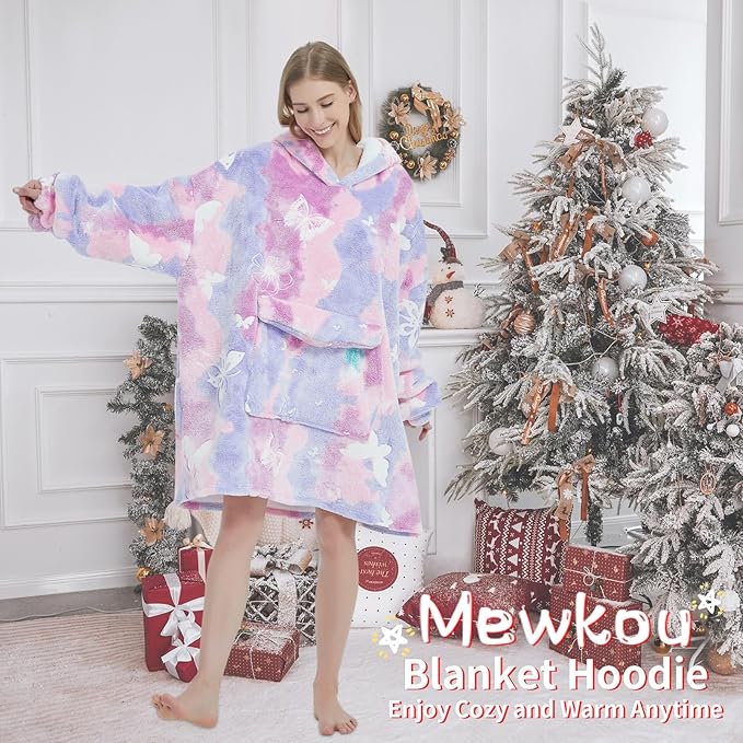 Glow in The Dark Butterfly Wearable Blanket Hoodie for Adult,Oversized Sherpa Fleece Blanket Hoodie for Women,Butterfly