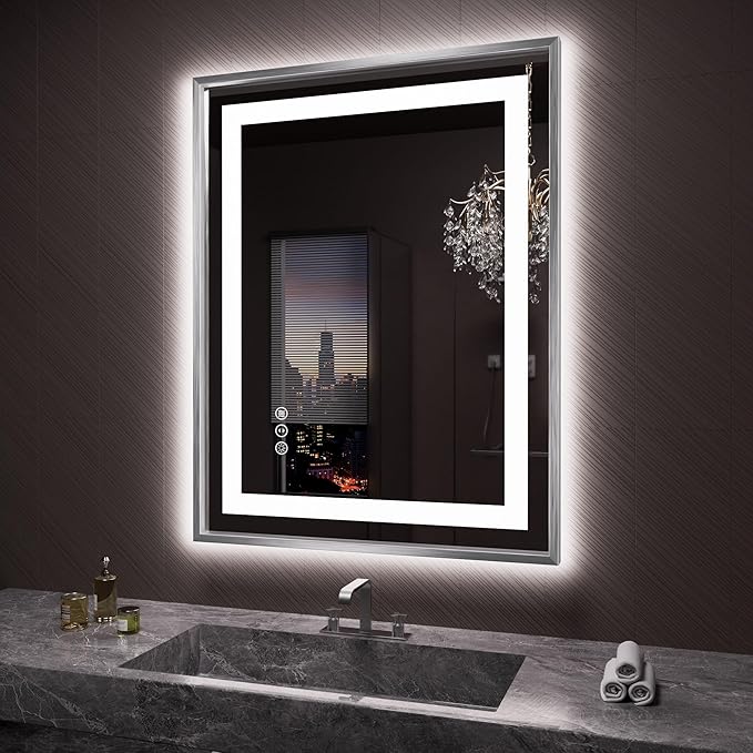 Amorho 28"X36" LED Bathroom Mirror, Brushed Nickel Framed Mirror with Front Light and Backlit, Stepless Dimmable, Anti-Fog, Shatter-Proof, Memory, 3 Colors